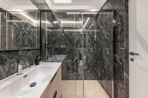 Shower, hair dryer, towels