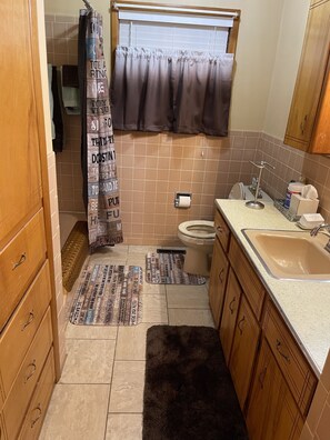 Bañera con ducha, bidet, toallas