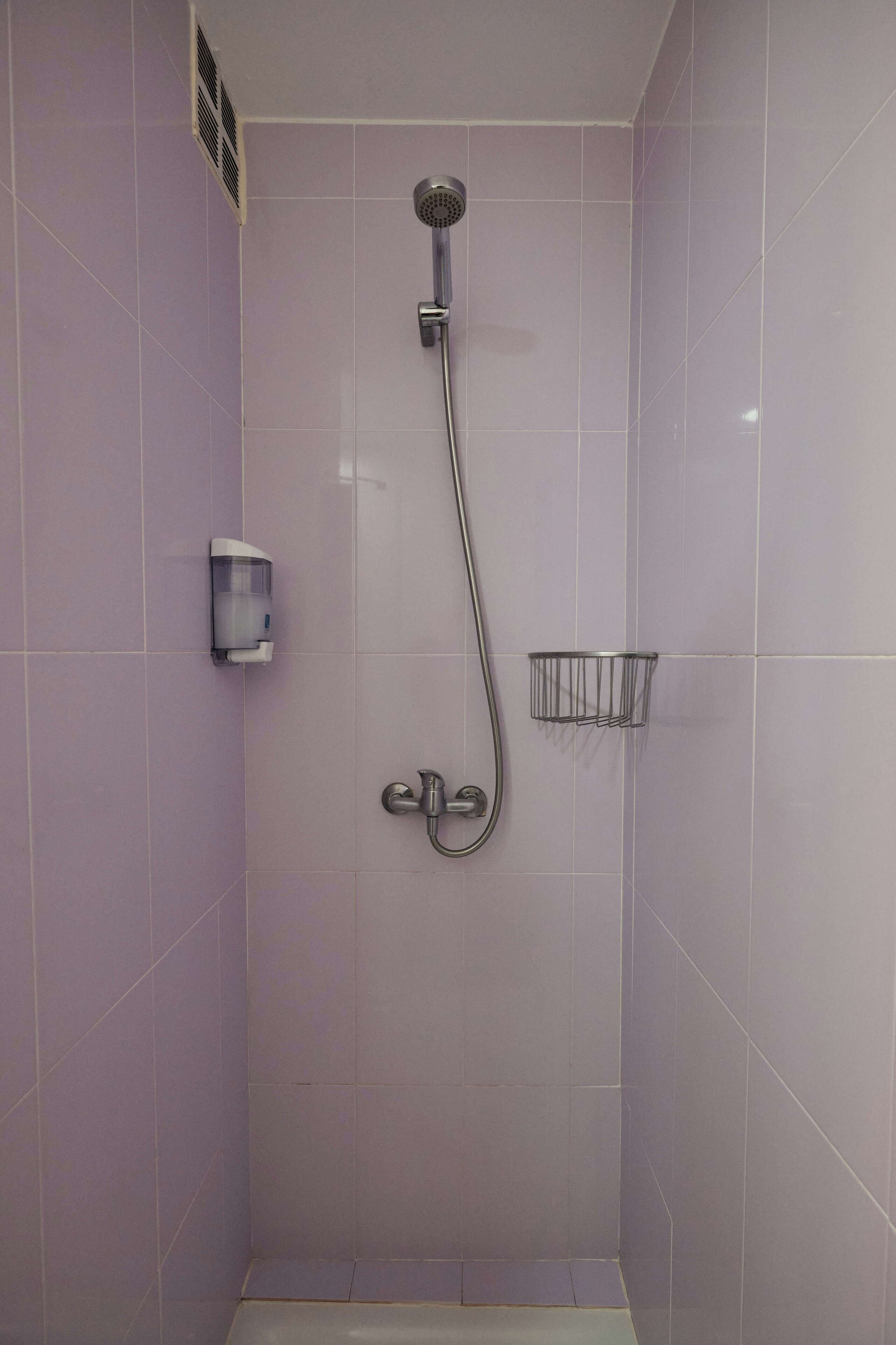 A shower with a handheld showerhead and a wall-mounted faucet.