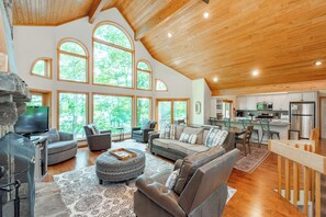 Smart TV, fireplace, foosball