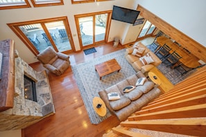 Smart TV, fireplace, foosball