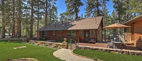 A log cabin with a patio, surrounded by a well-maintained lawn and tall trees.
