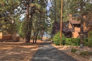 Stroll through the tranquil grounds, surrounded by tall pine trees and a serene stone wall.