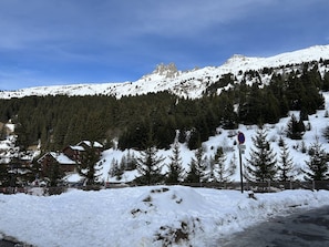 Lumipeitteinen vuoristomaisema, jossa on tie ja liikennemerkki, joka osoittaa pysäköintikiellon.