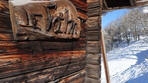 Une cabane en bois rustique, avec une enseigne en bois sculpté sur laquelle on peut lire « LE JOIE ».