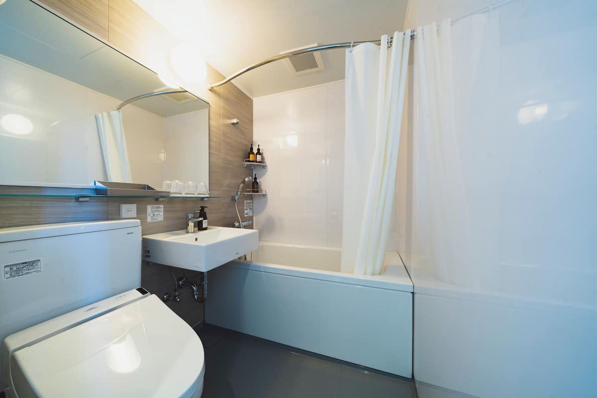 combined shower/bathtub, free toiletries, hair dryer, slippers