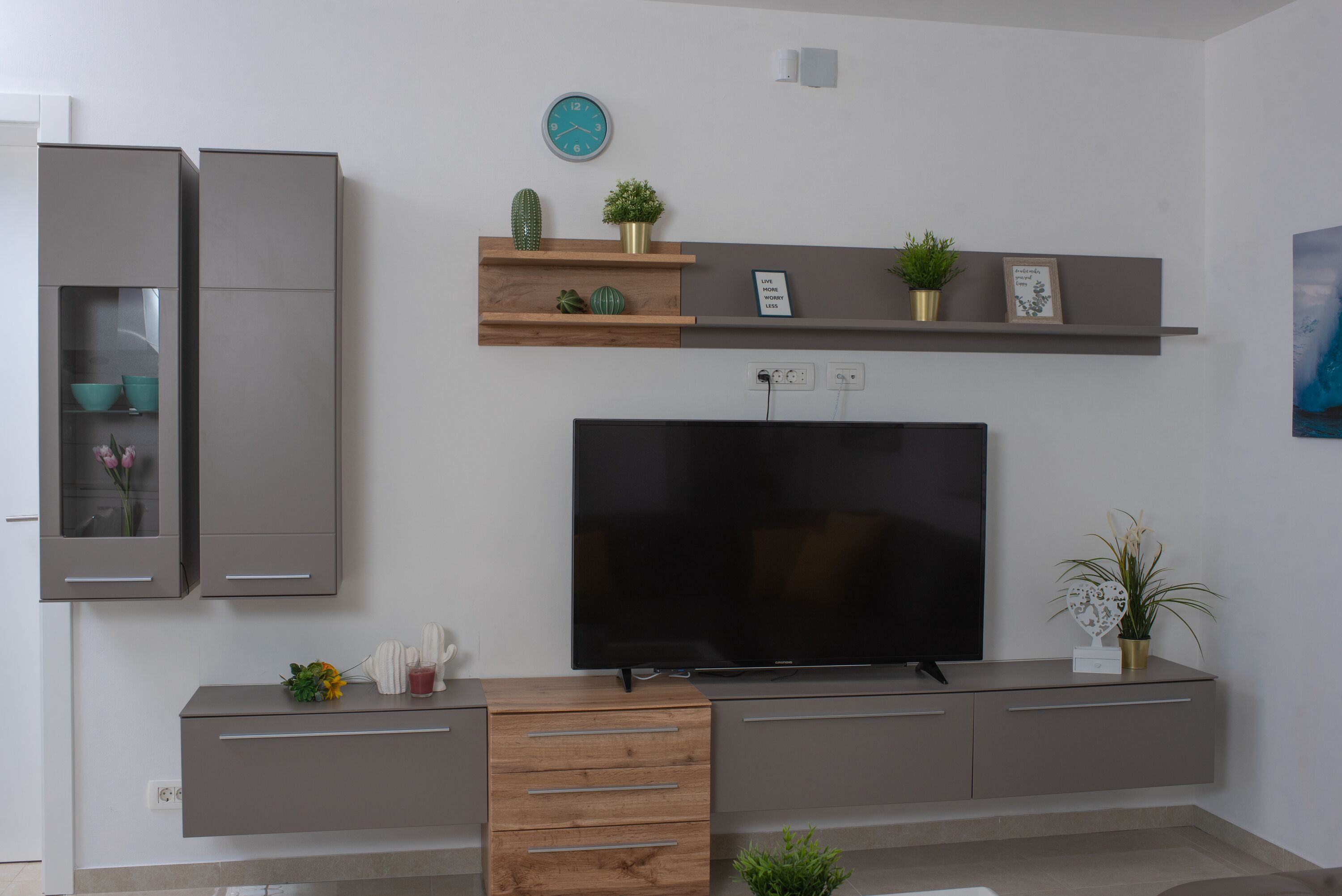 Una sala de estar moderna con un televisor de pantalla plana, armarios empotrados y plantas decorativas.