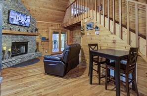 TV, fireplace, foosball