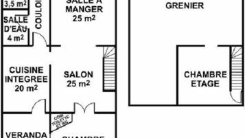 A hotel floor plan with a kitchenette, dining area, living room, and two bedrooms.