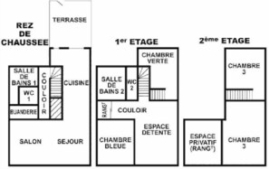 A hotel floor plan with a terrace, two bathrooms, a kitchen, a dining area, a living room, a green room, a private room, and a third room.