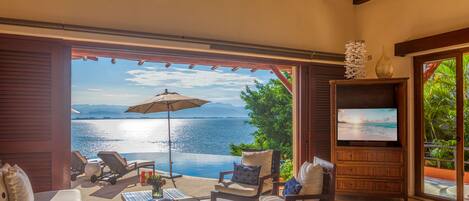 TV, fireplace, DVD player, books