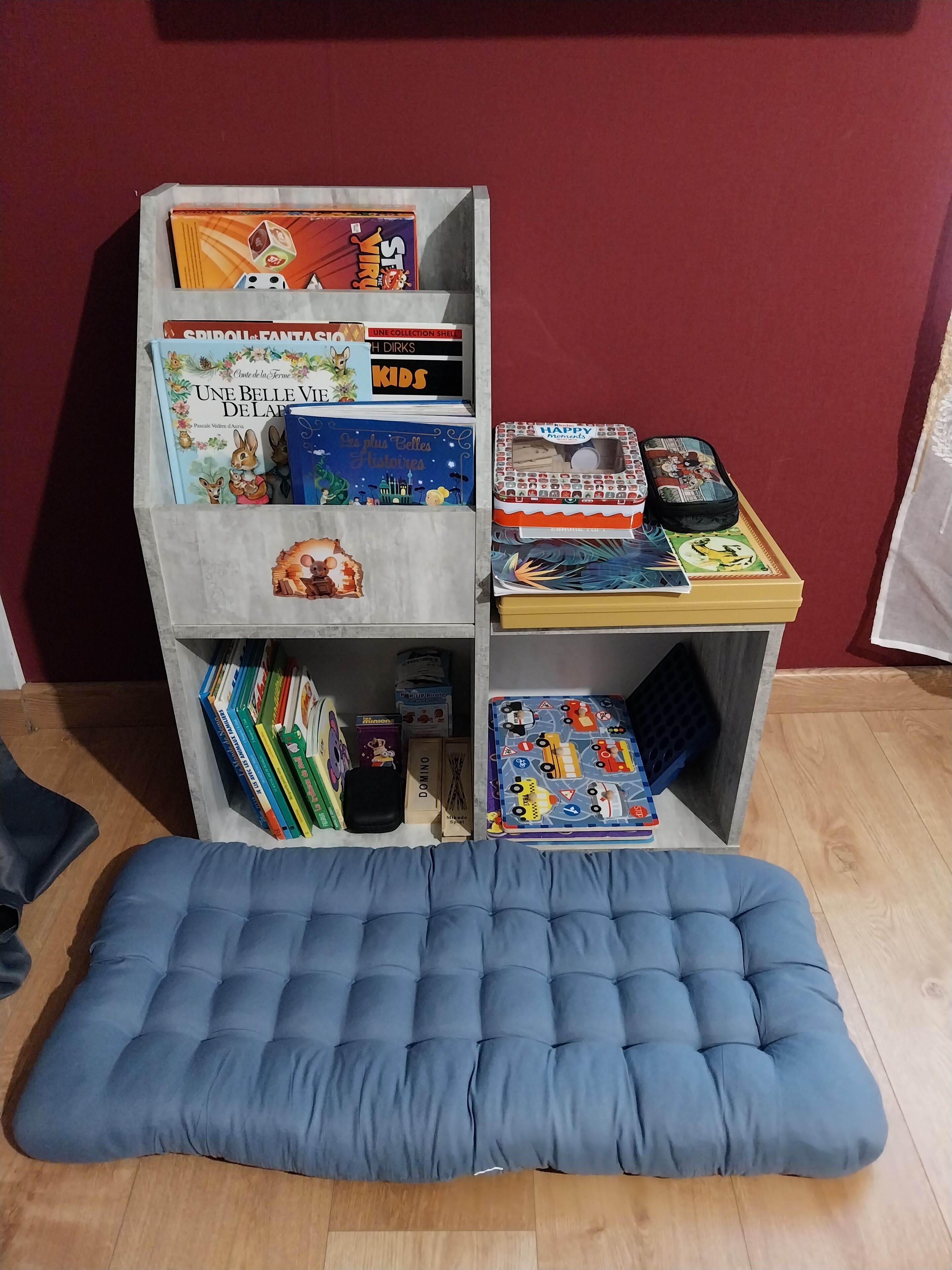 Een boekenplank vol kinderboeken en speelgoed, een blauwe, beklede bank en een rode wand.