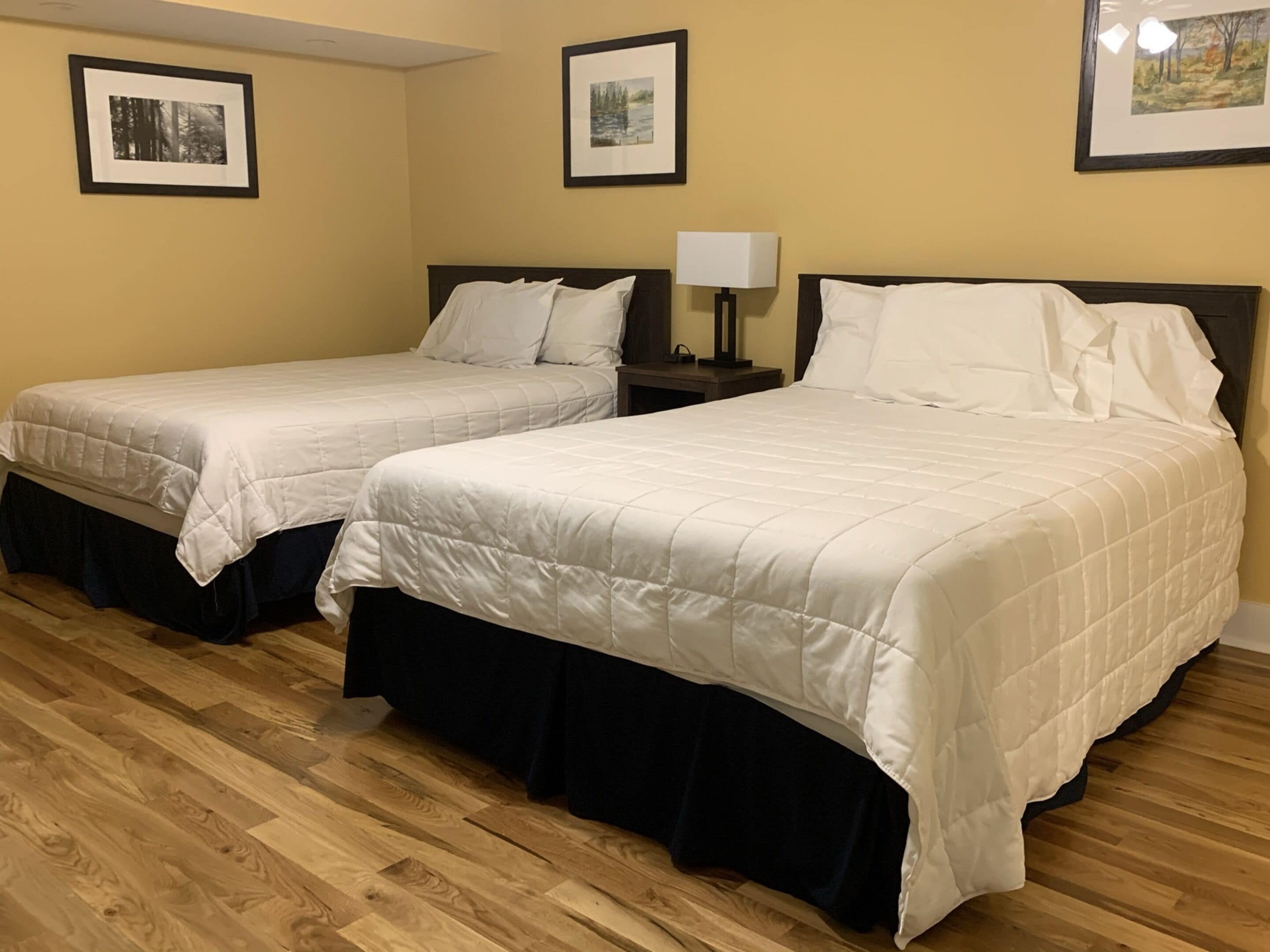 Two single beds with white bedding, a nightstand with a lamp, and framed pictures on the wall.