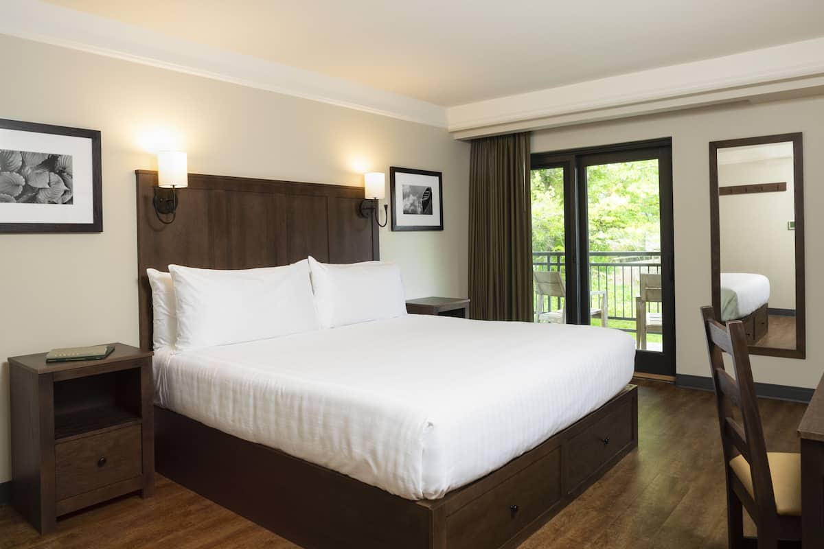 A hotel room with a large bed, a nightstand, a desk, and a chair. There is a balcony with a view of greenery.