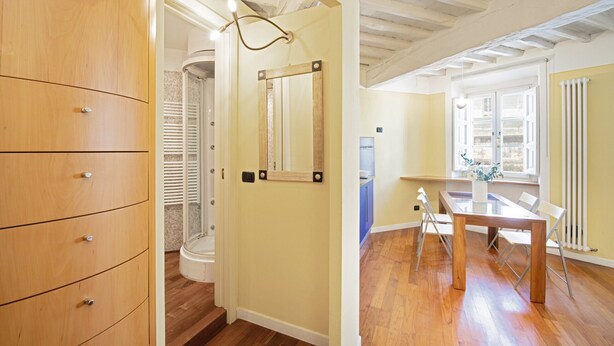 Ein Zimmer mit Holzboden, einem Esstisch mit Stühlen, einem Holzschrank und einem Badezimmer mit Dusche und Toilette.