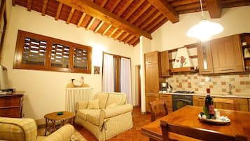 Deluxe Apartment, 2 Bedrooms | Living area | 32-inch flat-screen TV with cable channels, TV, fireplace