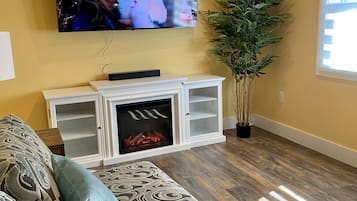 Smart TV, fireplace, books, stereo
