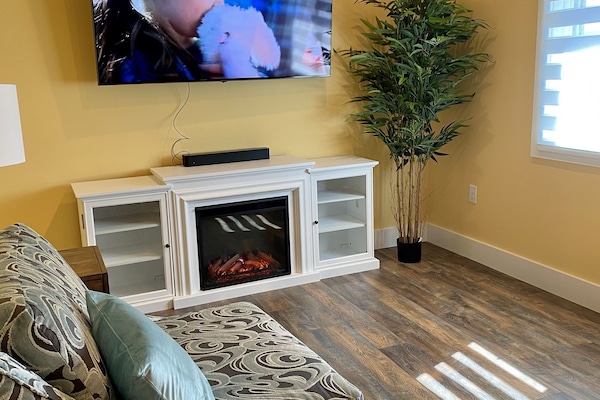 Smart TV, caminetto, libri, impianto stereo