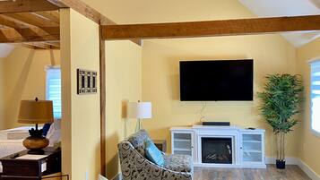 Smart TV, caminetto, libri, impianto stereo