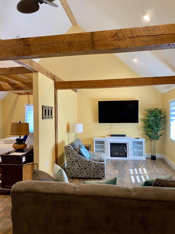 TV connectée, cheminée, livres, chaîne hi-fi