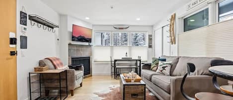 Televisión, chimenea y libros