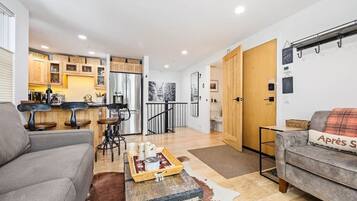 TV, fireplace, books