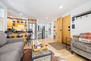 TV, fireplace, books