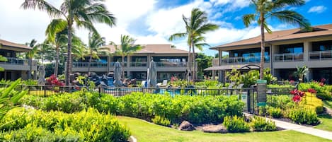 A resort with a swimming pool, palm trees, and a well-maintained garden.