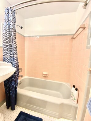 Baignoire, sèche-cheveux, serviettes fournies, savon