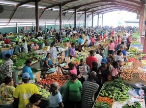 Ein belebter Innenmarkt mit verschiedenen Ständen, die frische Lebensmittel anbieten.