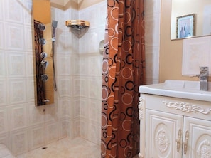 Douche, séchoir à cheveux, serviettes fournies, savon