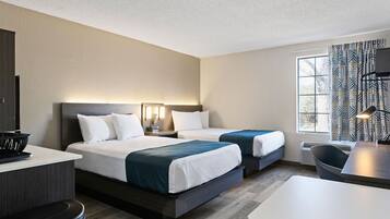 Desk, laptop workspace, blackout curtains, iron/ironing board