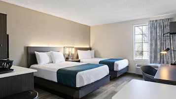 Desk, laptop workspace, blackout drapes, iron/ironing board