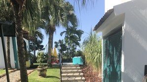 A pathway leading to a building with a green door, surrounded by palm trees and a grassy area. - 1bedroom apartment, quiet and relaxing atmosphere.  (Bucerias)