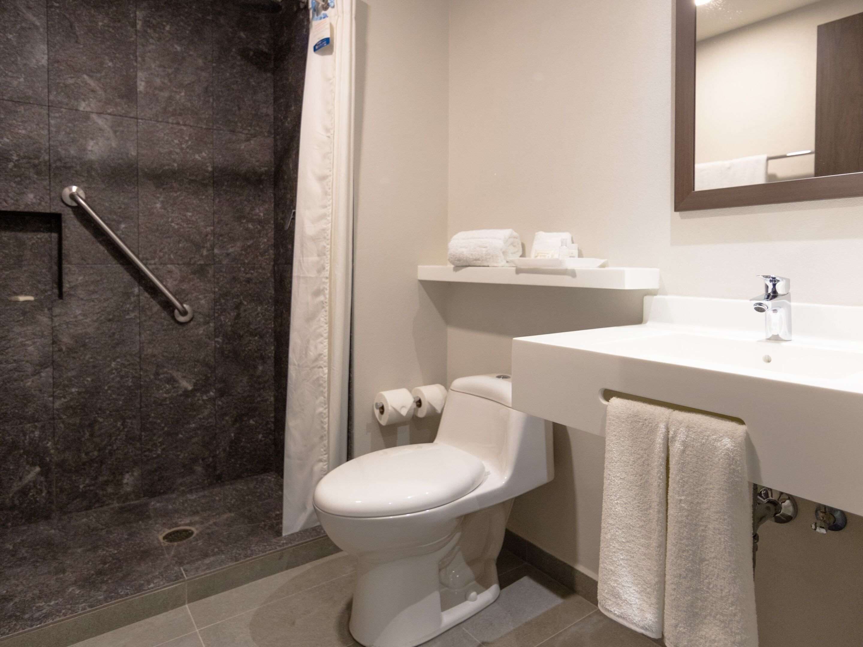 shower, rainfall showerhead, free toiletries, hair dryer