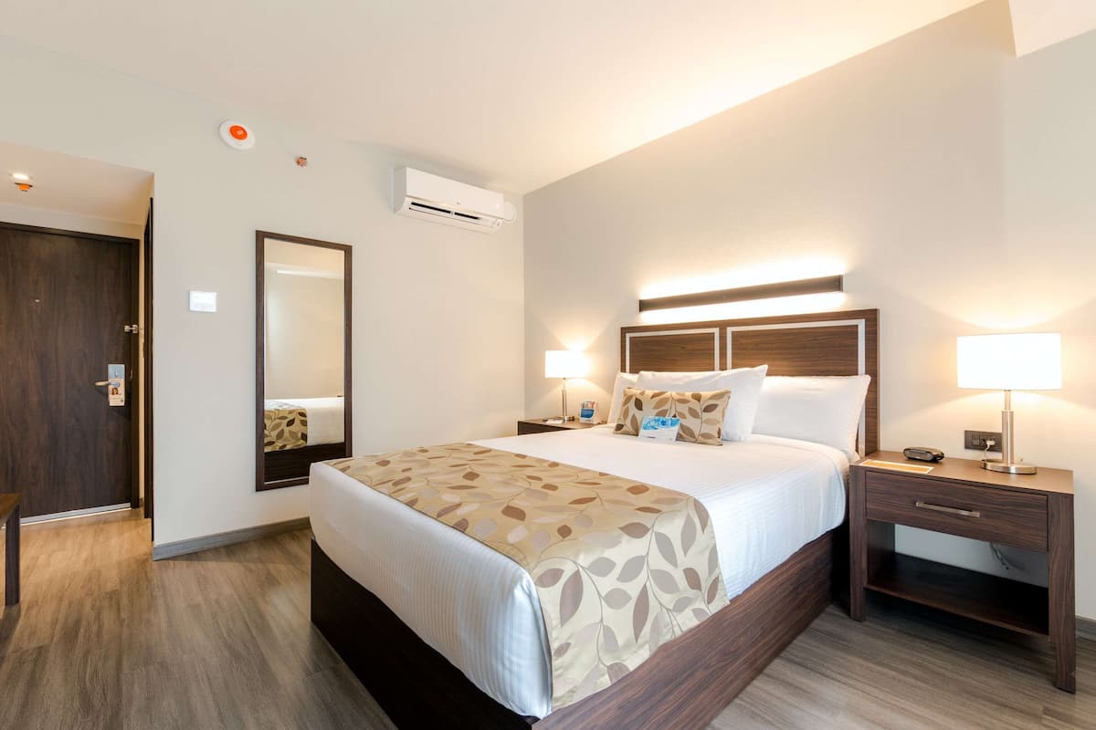 Una habitación de hotel con una cama grande, mesitas de noche con lámparas, un espejo y un equipo de aire acondicionado.