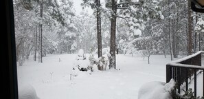 A snowy forest scene with a wooden deck and snow-covered trees. - Escape to a private casita in White Mountains! (Lakeside)