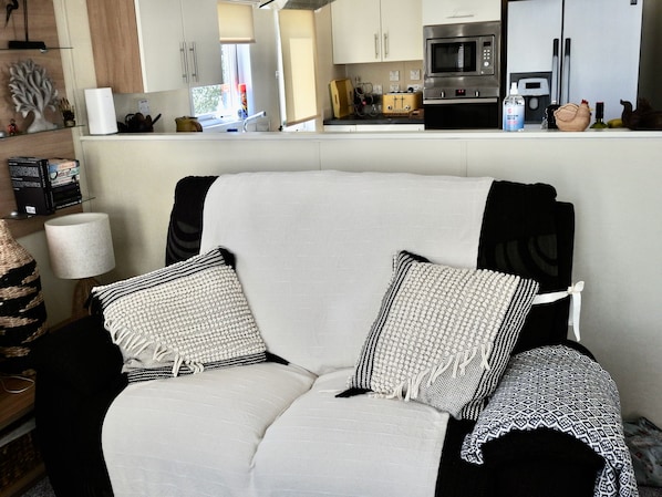 A living room with a sofa, two patterned throw pillows, a lamp, and a bookshelf.