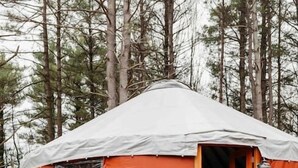 Puinen portaikko johtaa ylös korotetulle alustalle, ja koko jurttaa ympäröivät puut.