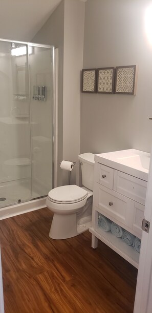 Een douche, een haardroger, handdoeken, zeep