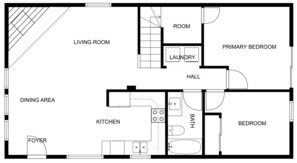 Un plan d’étage d’une maison comprenant un salon, un coin repas, une cuisine, deux chambres, une salle de bain, une buanderie et un hall d’entrée.