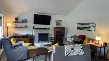 TV connectée, cheminée, lecteur de DVD, livres