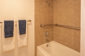 Hair dryer, towels, soap, shampoo