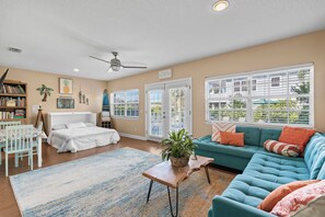 Smart TV, fireplace, books