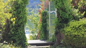 Een tuinpad met een metalen hek, omgeven door weelderig groen en uitzicht op een meer.