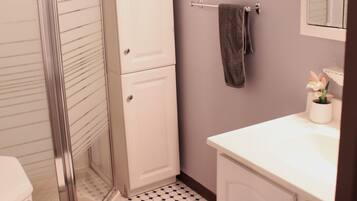 Regadera, secadora de cabello, toallas, jabón