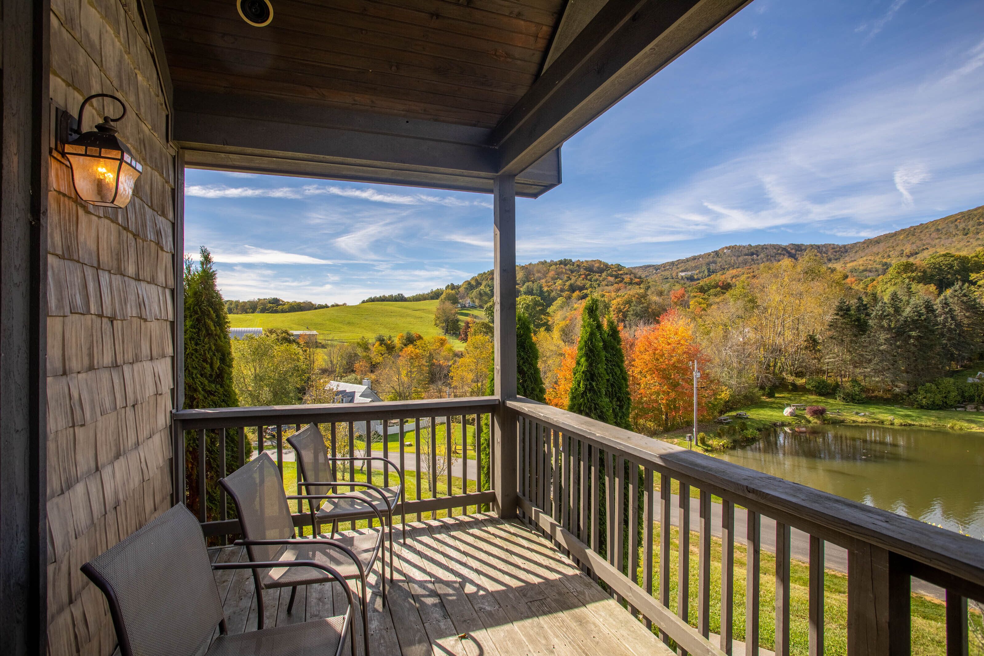 Sip your morning coffee to peak fall color, a peaceful pond, and rolling Blue Ridge hills right from the deck.