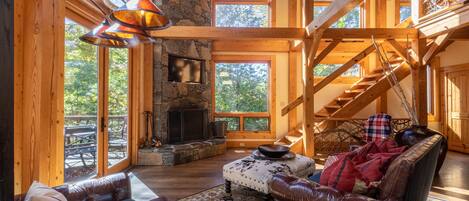 Televisión, chimenea y estéreo