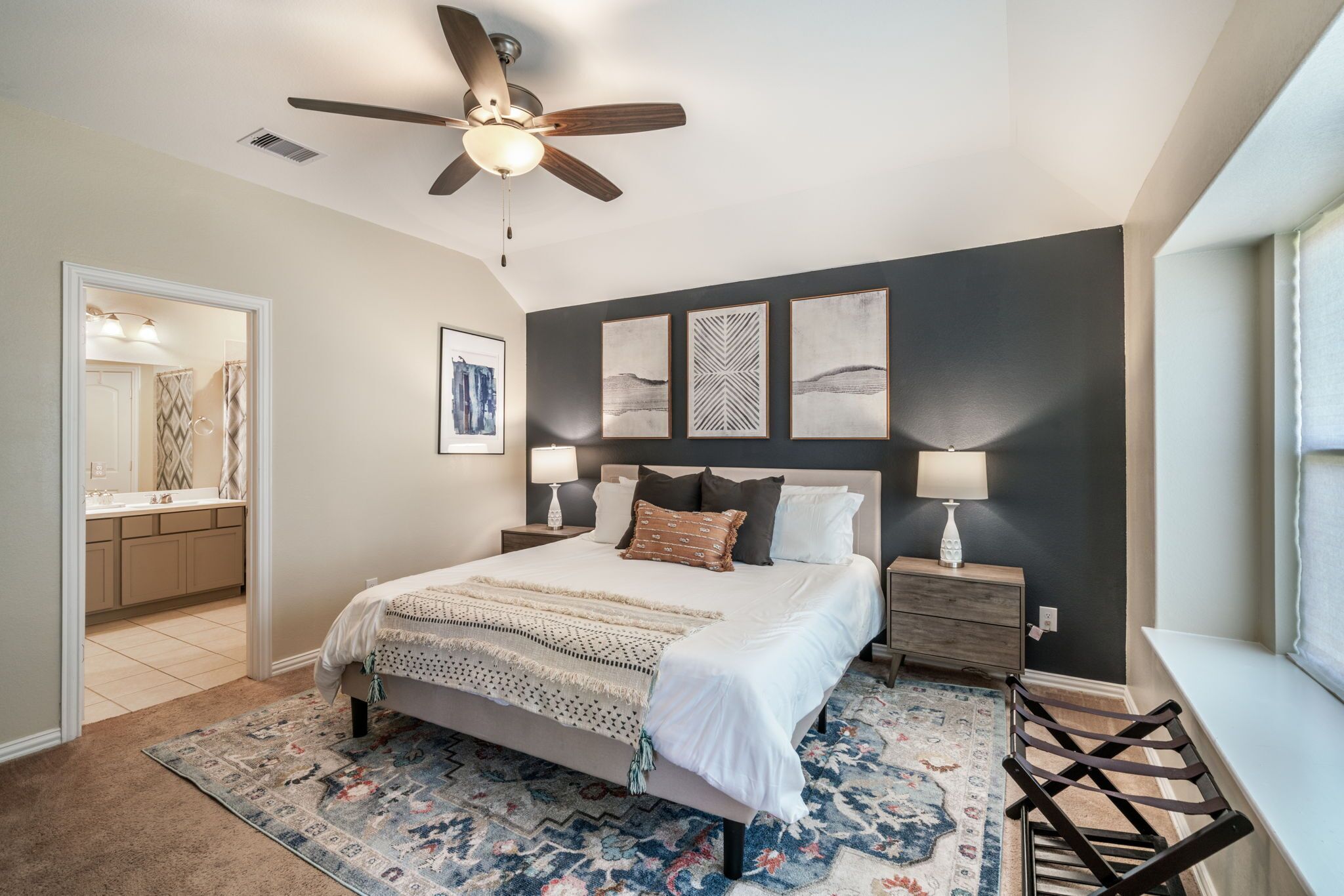 Master bedroom with bay window for reading and relaxing.