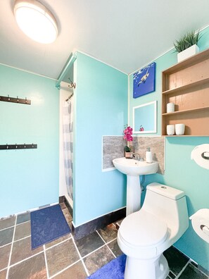 Shower, towels, soap, toilet paper